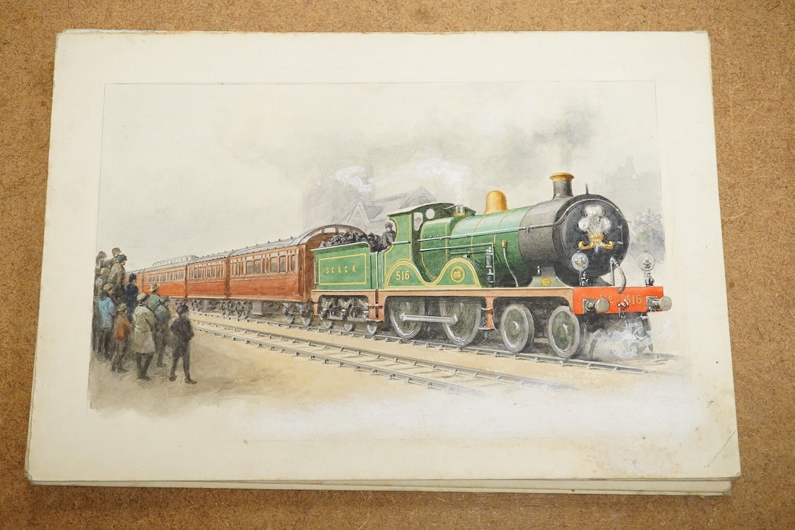 Charles Thomas Howard (1865-1942), a set of six original watercolours for postcard designs, Steam Trains to include ‘A Royal Train, Eastern and Chatham Railway’, ‘Cornish Express, GWR’ and ‘Aberdeen and Glasgow Express,
